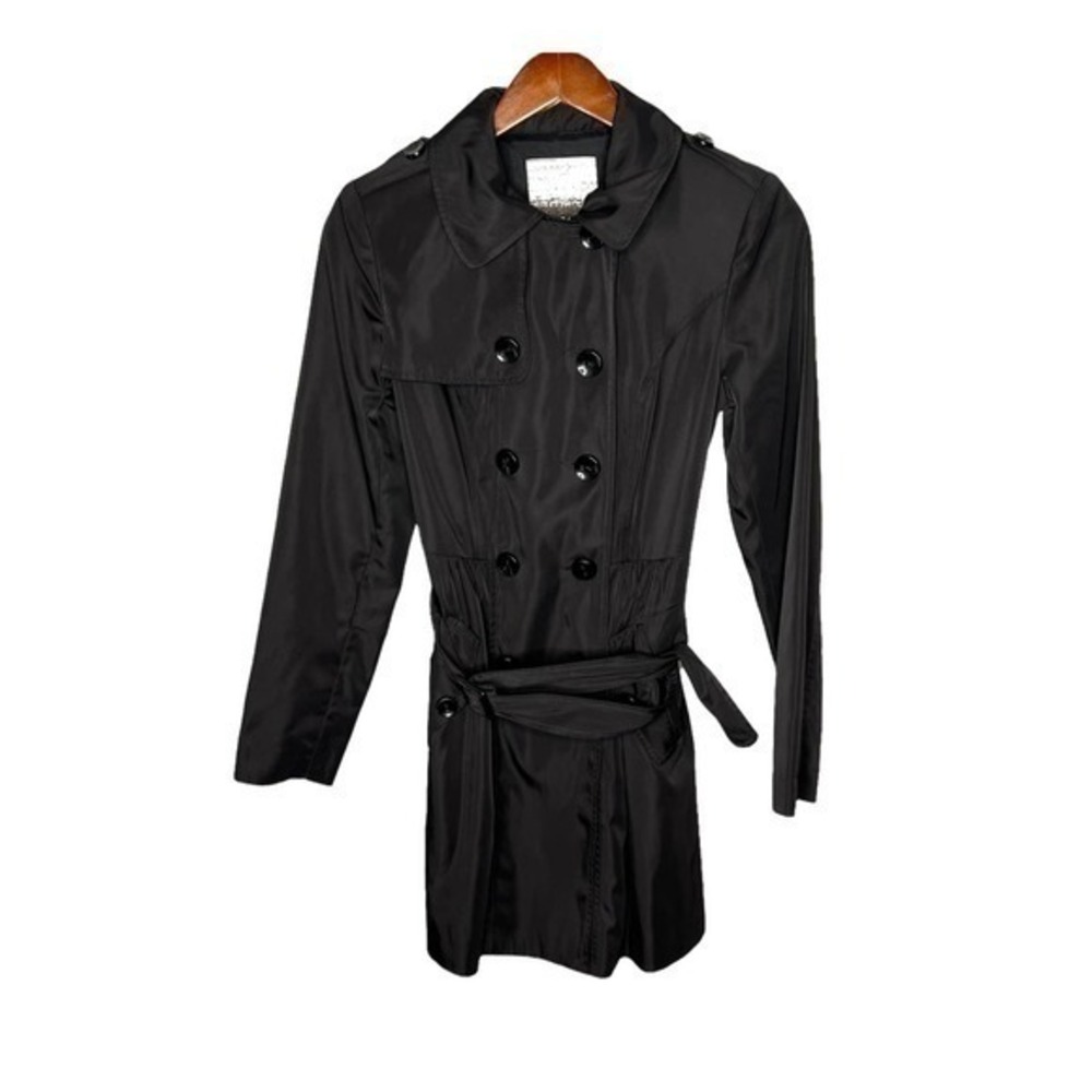 Kensie black button up waist tie trench coat faux pocket long sleeve size XS